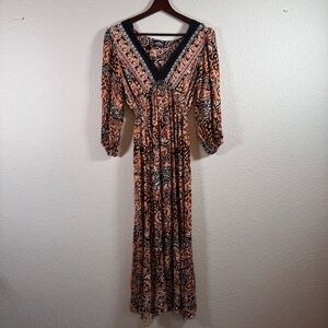 Bohemian Paisley Maxi Black Orange Dress Small